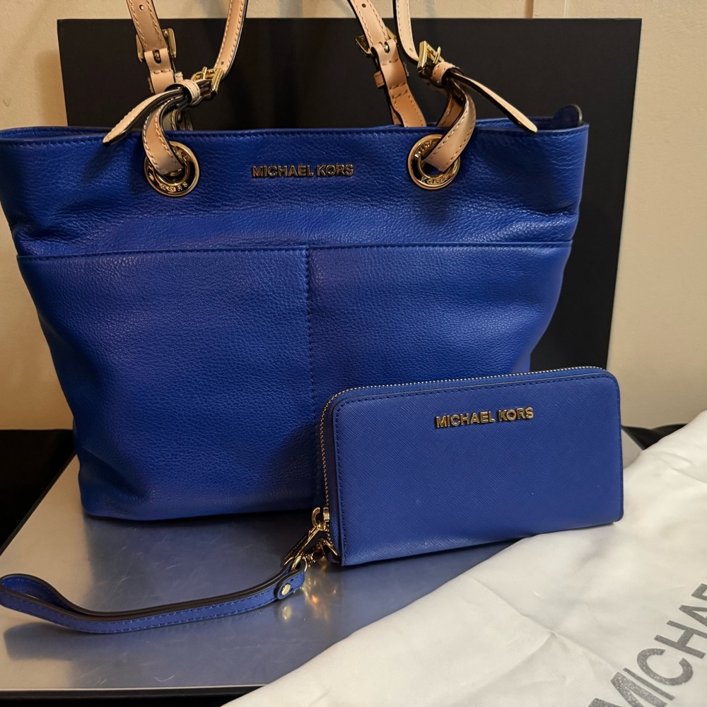 Michael Kors Cobalt Blue Leather Tote and Wallet Set